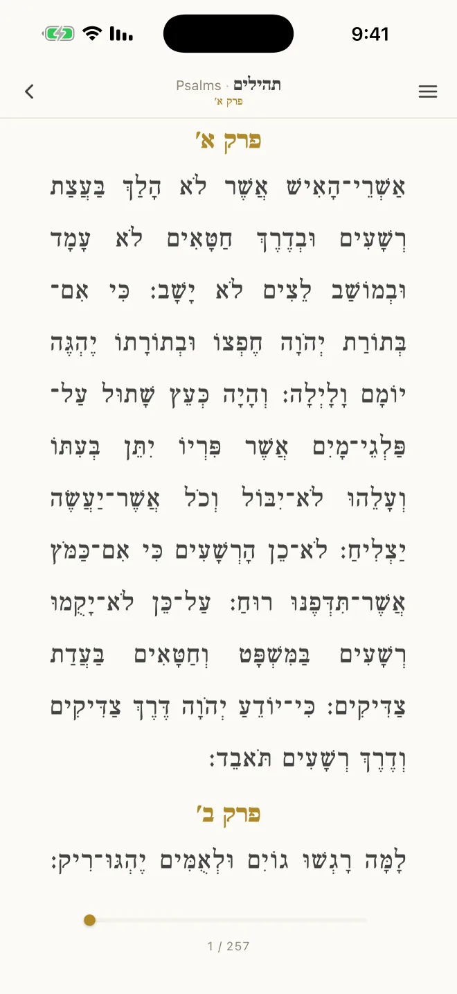 The Tehillim screen with its chapter, five-book, monthly and weekly divisions.