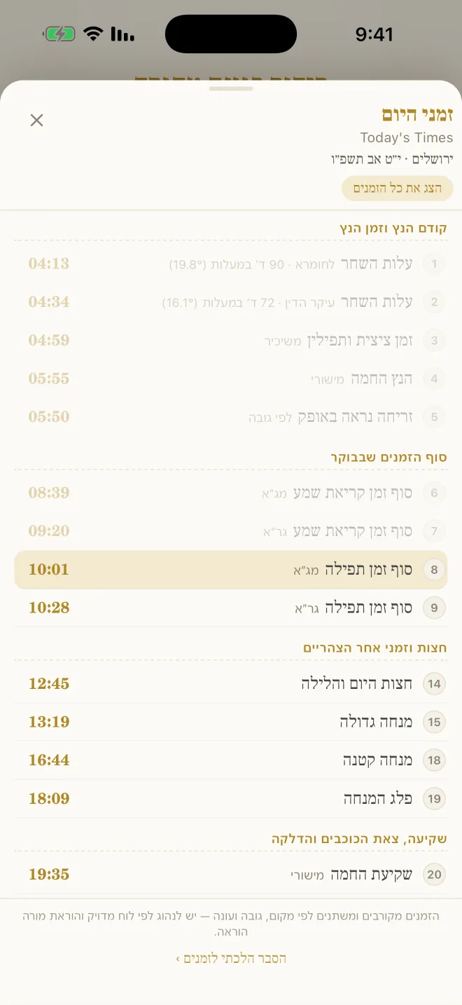 מסך הזמנים, ובו זמני ההלכה של היום לפי המיקום הנוכחי.