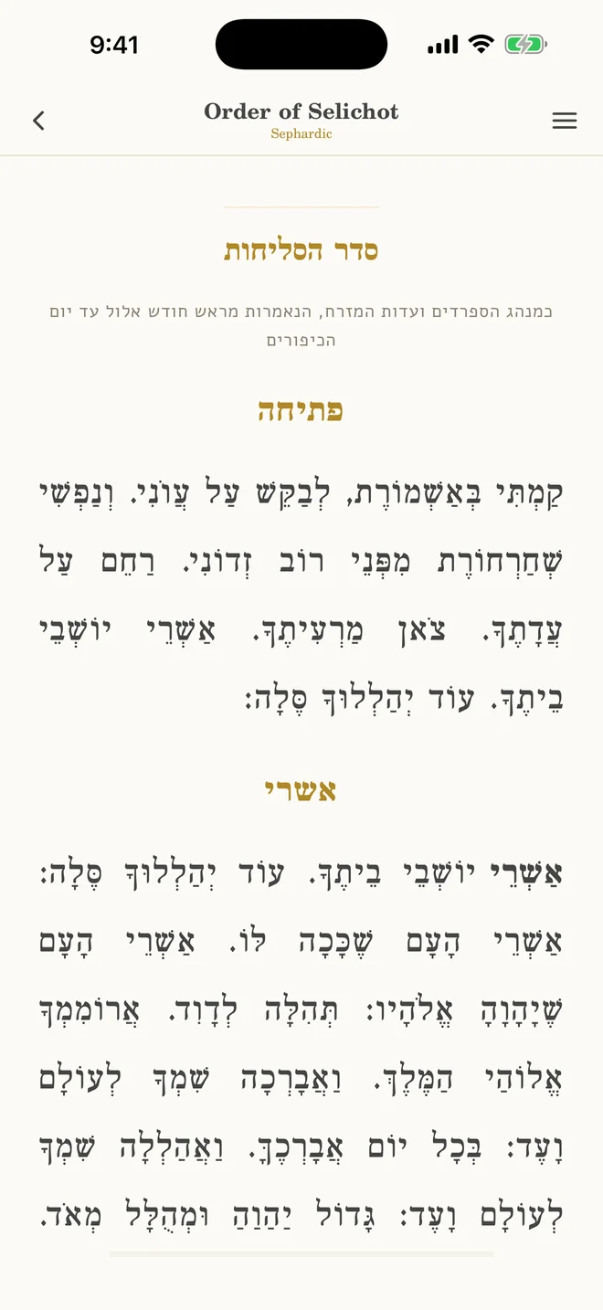 The reader open at the start of the order, with vocalized Hebrew and gold headings.